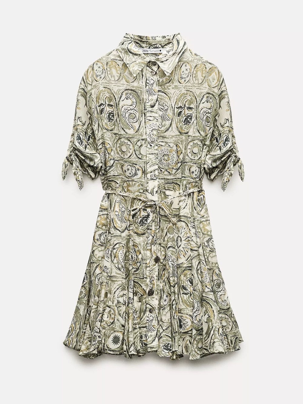 Zara green and ecru paisley print mini dress with tie waist